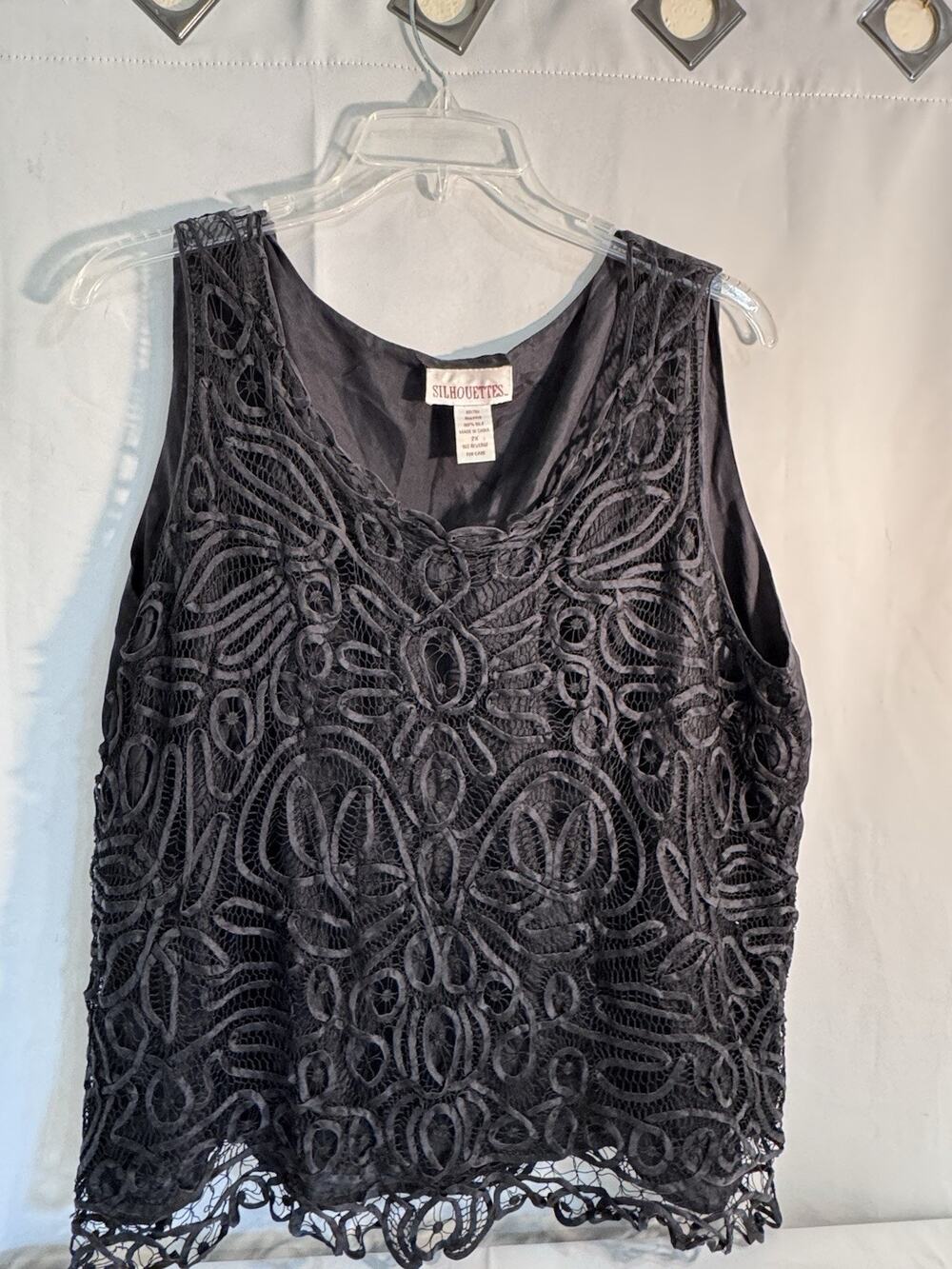 VTG 90’s Silhouettes Black Silk & Lace Tank Top (2X) J49
